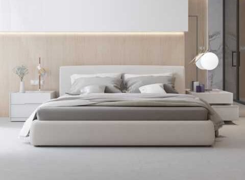 Set de chambre moderne, avec un lit plateforme rembourré en tissu gris