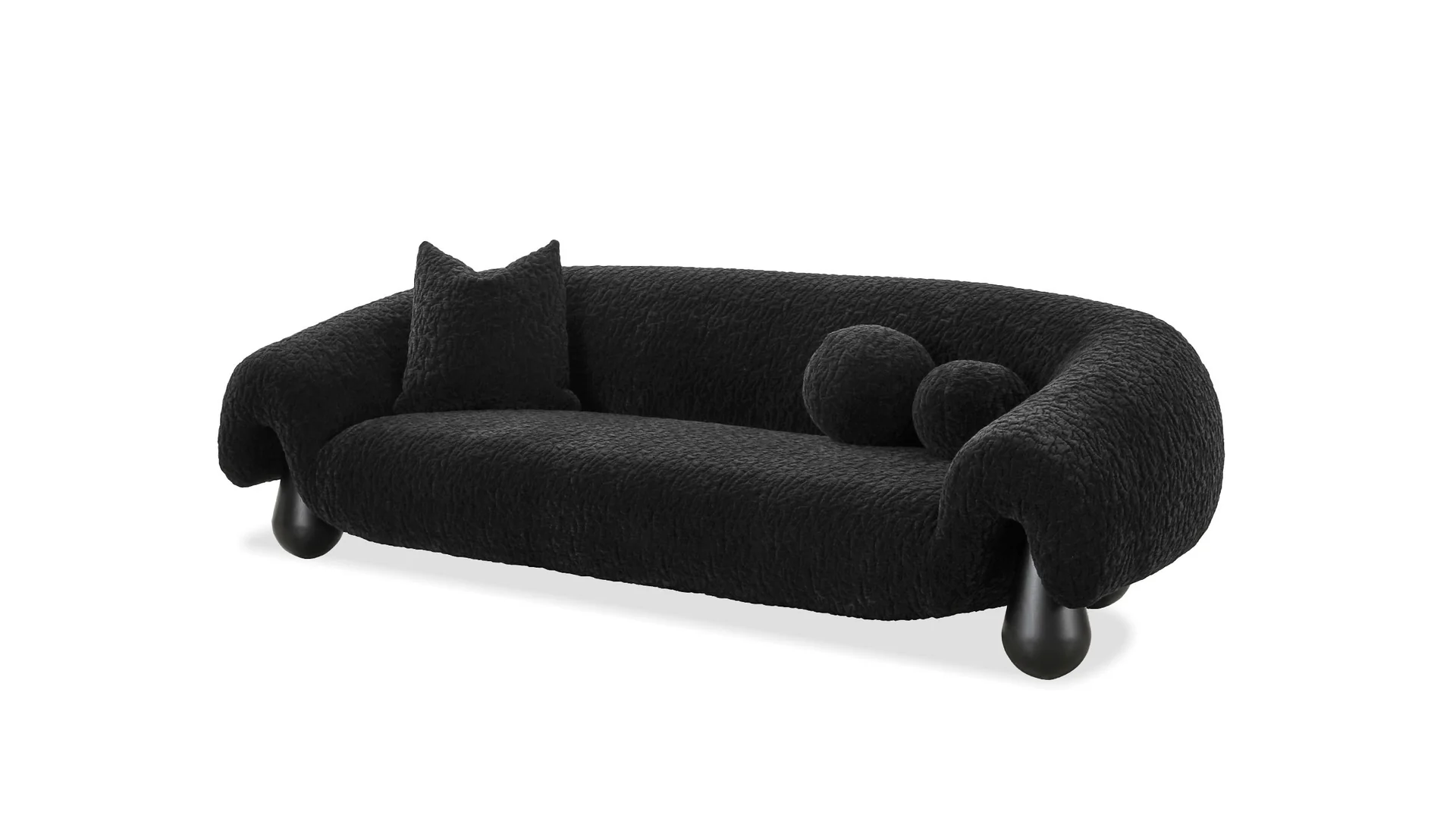 Sofa moderne Mobital Furo en velours matelassé noir, canapé 3 ou 4 places avec pieds design inspirés des gouttes d’eau pour salon contemporain