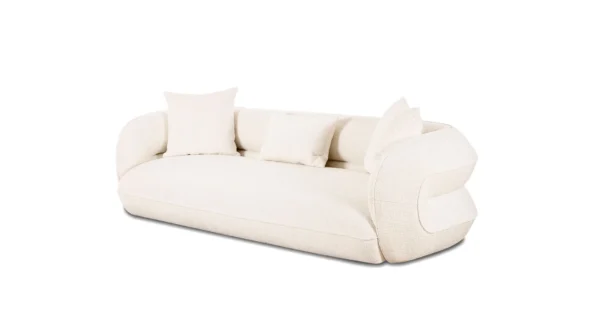 Sofa moderne Mobital en tissu Laurent Bliss White, canapé 3 places en velours matelassé avec dossier courbé et accoudoirs arrondis pour salon contemporain
