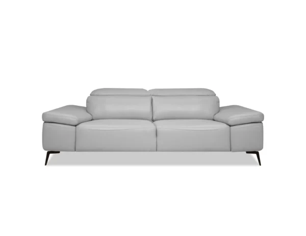 Sofa moderne Mobital en cuir Camello, canapé design avec cuir semi-aniline doux, appuie-têtes réglables et pieds noirs pour salon contemporain