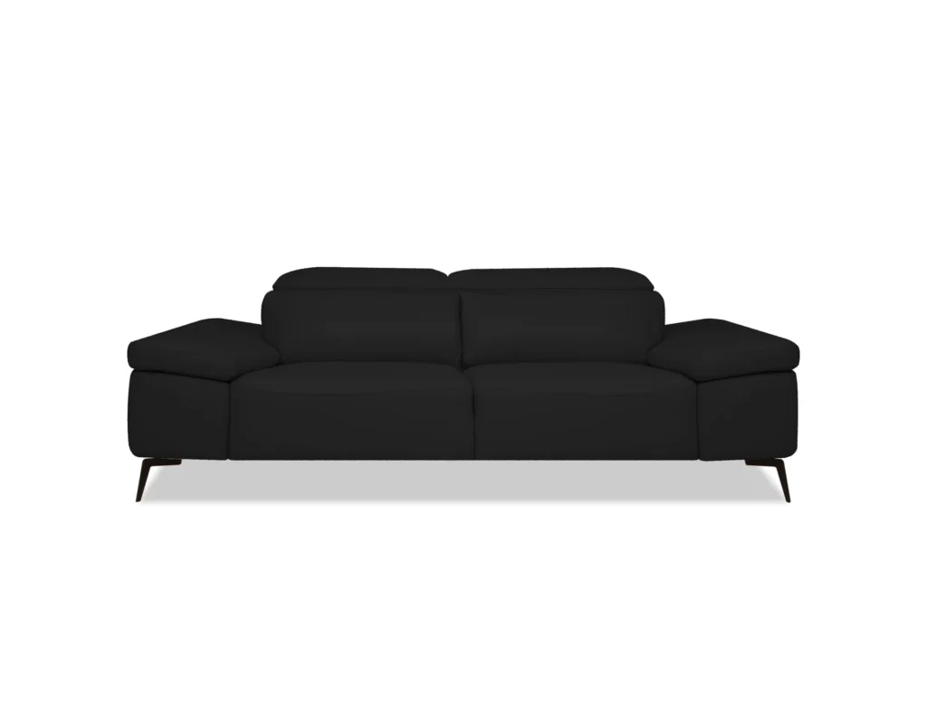 Sofa moderne Mobital en cuir Camello, canapé design avec cuir semi-aniline doux, appuie-têtes réglables et pieds noirs pour salon contemporain