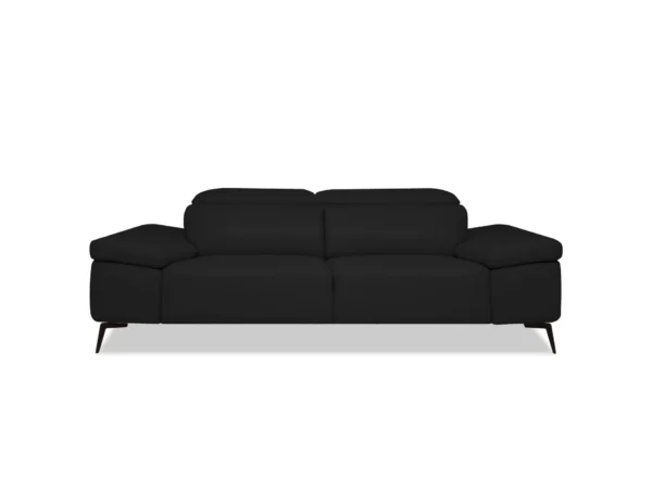 Sofa moderne Mobital en cuir Camello, canapé design avec cuir semi-aniline doux, appuie-têtes réglables et pieds noirs pour salon contemporain