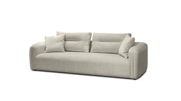 Sofa moderne Mobital en tissu FILO crème, canapé 3 places design avec coussins de dossier généreux en ultrasuède pour salon contemporain