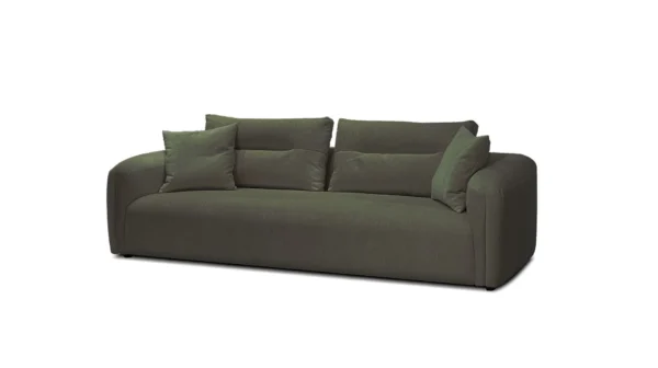 Sofa moderne Mobital en tissu FILO, canapé 3 places design avec coussins de dossier généreux, disponible en vert thym ou crème pour salon contemporain