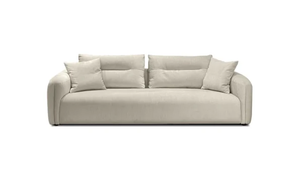 Sofa moderne Mobital en tissu FILO crème, canapé 3 places design avec coussins de dossier généreux en ultrasuède pour salon contemporain